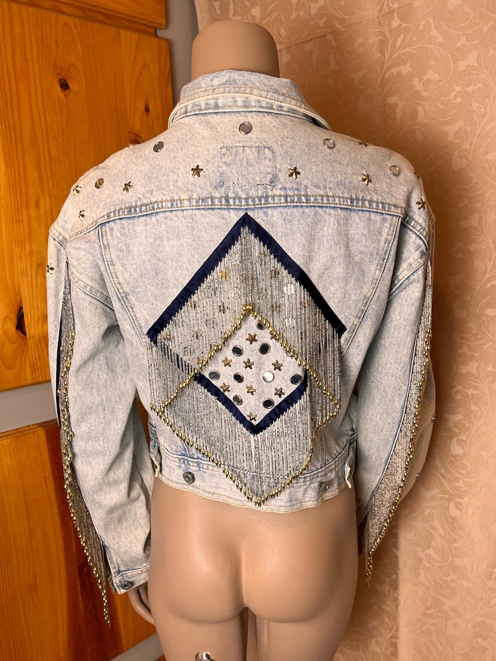 VINTAGE Dakota Blue Beaded Fringe Western Cowboy Blue Jean Jacket - Sz M